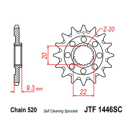 Pignon JT SPROCKETS 14 dents acier anti-boue pas 520 type 1446SC Kawasaki KX250F